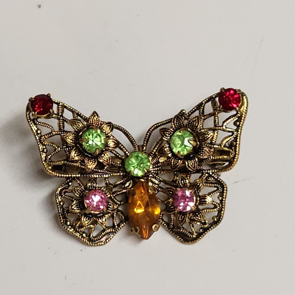 Filigree Butterfly Brooch Vintage Openwork Multiple Colors Rhinestone - Picture 4 of 9